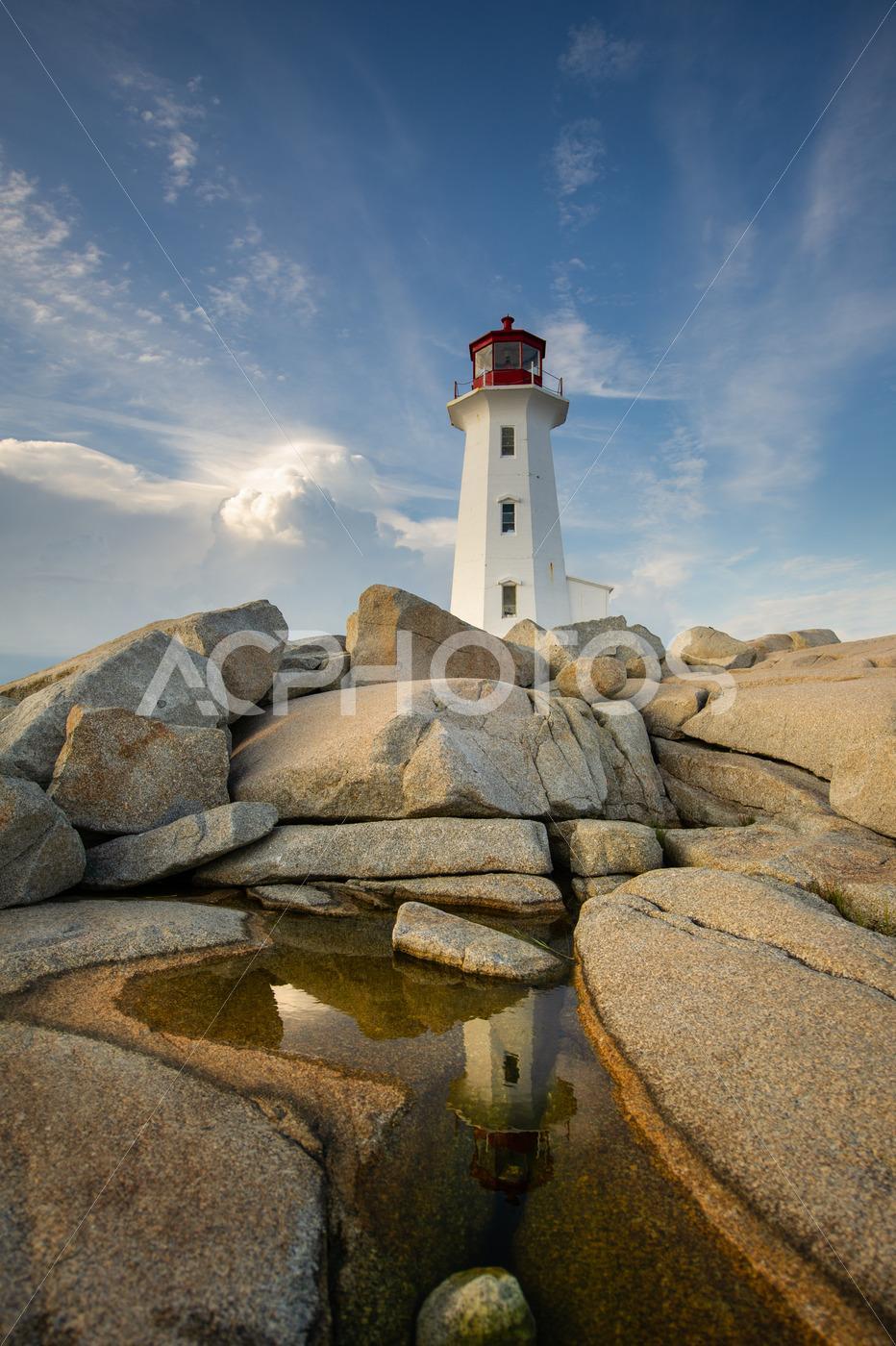 Peggy’s Cove lighthouse at mirroring on a water puddle - GettaPix